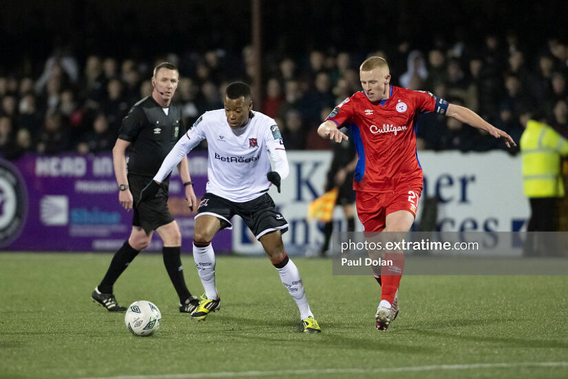 Rayhaan Tulloch of Dundalk and Gavin Molloy of Shelbourne in 2023