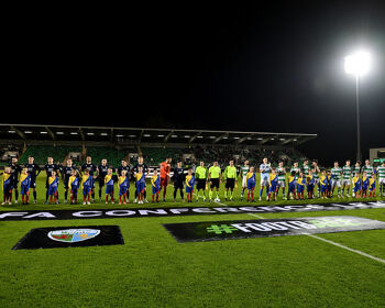 Players, match officials and mascots line up prior to the UEFA Conference League 2024/25 League Phase MD3 match between Shamrock Rovers FC and The New Saints FC at Tallaght Stadium in November 2024