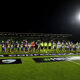 Players, match officials and mascots line up prior to the UEFA Conference League 2024/25 League Phase MD3 match between Shamrock Rovers FC and The New Saints FC at Tallaght Stadium in November 2024