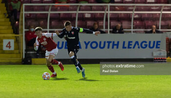 Kian Corbally in action against Red Star Belgrade in the UEFA Youth League in 2021.