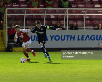 Kian Corbally in action against Red Star Belgrade in the UEFA Youth League in 2021.