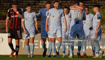 Derry City players congratulate Ryan Graydon after he opened the scoring