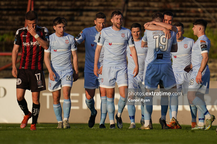 Derry City players congratulate Ryan Graydon after he opened the scoring