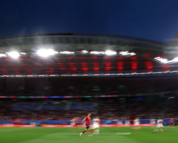 A general view as Stefan Posch of Austria passes the ball during the UEFA EURO 2024 round of 16 match between Austria and Turkiye at Football Stadium Leipzig on July 02, 2024 in Leipzig, Germany.