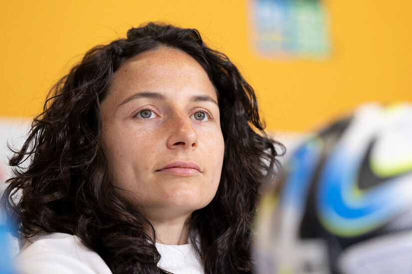 Ivana Andres of Spain, attends a press conference at Wellington Regional Stadium