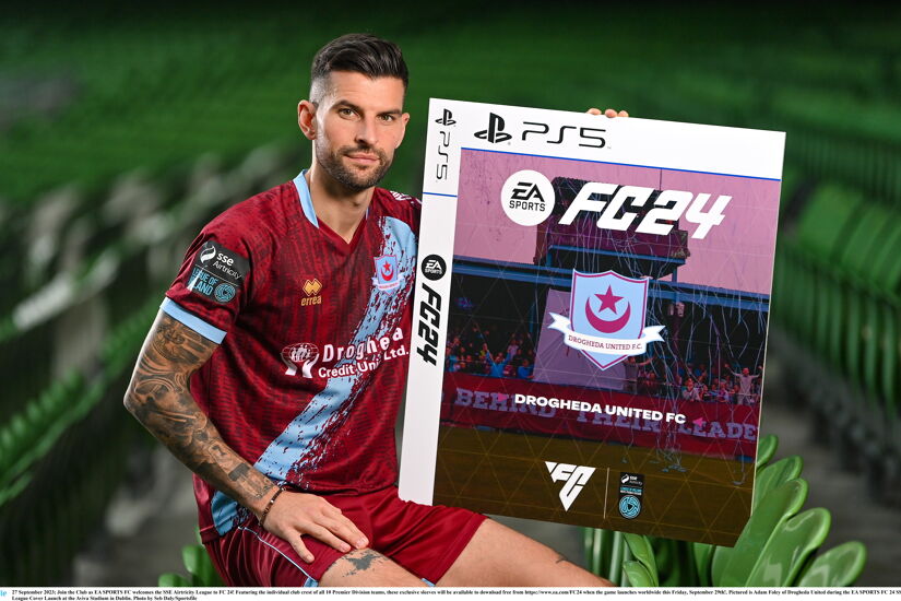 Pictured is Adam Foley of Drogheda United during the EA SPORTS FC 24 SSE Airtricity League Cover Launch at the Aviva Stadium in Dublin.