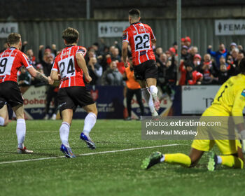 Jordan McEneff wheels away to celebrate scoring during Derry City's 2-0 win over Cork City at the Brandywell on Friday, 24 February 2023.