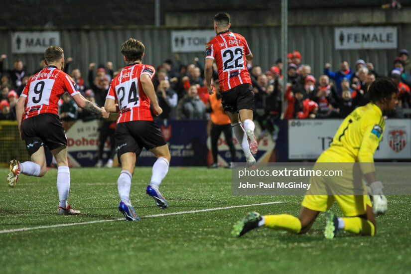 Jordan McEneff wheels away to celebrate scoring during Derry City's 2-0 win over Cork City at the Brandywell on Friday, 24 February 2023.