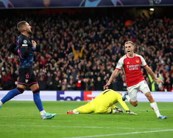 Leandro Trossard of Arsenal celebrates after scoring the team's first goal during the UEFA Champions League match between Arsenal FC and Sevilla FC at Emirates Stadium on November 08, 2023 in London, England.