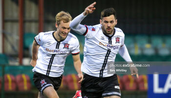 Patrick Hoban of Dundalk celebrates his goal during the SSE Airtricity League Premier Division match between Dundalk and Finn Harps at Oriel Park, Dundalk, on 26 March 2021.
