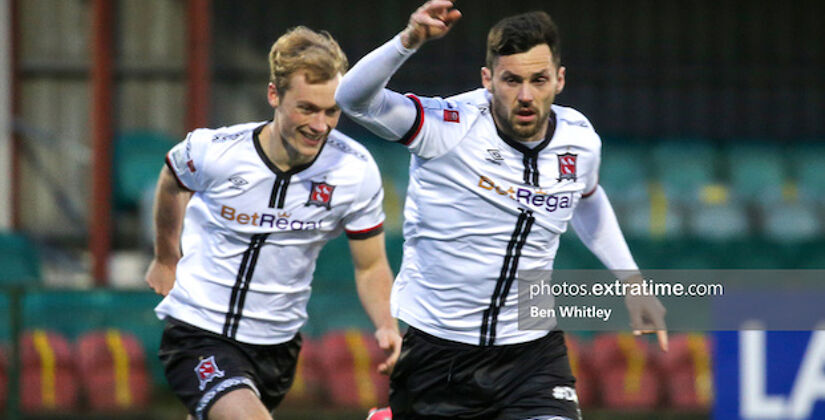 Patrick Hoban of Dundalk celebrates his goal during the SSE Airtricity League Premier Division match between Dundalk and Finn Harps at Oriel Park, Dundalk, on 26 March 2021.