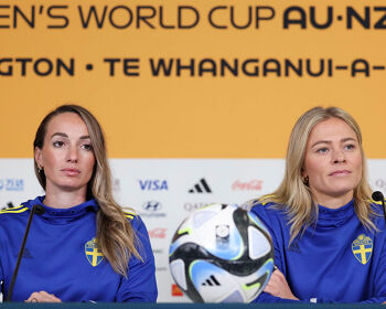Fridolina Rolfo of Sweden and Kosovare Asllani attend a press conference at Wellington Regional Stadium