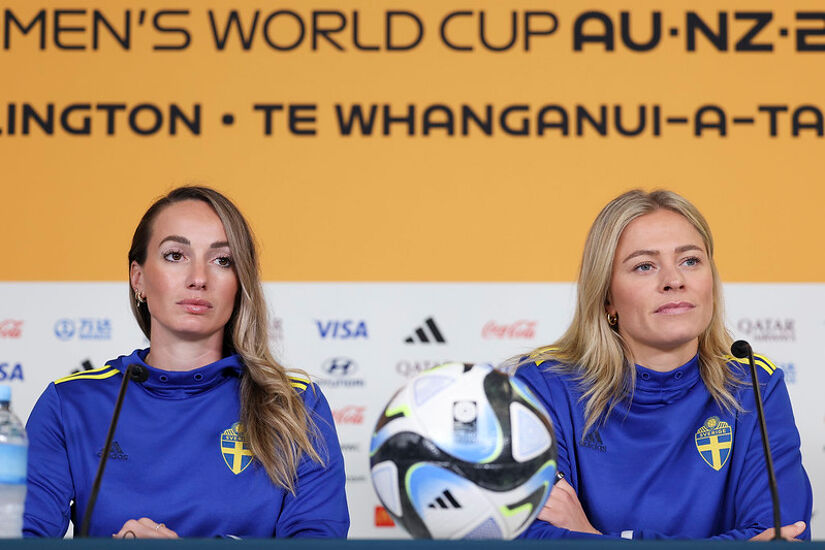 Fridolina Rolfo of Sweden and Kosovare Asllani attend a press conference at Wellington Regional Stadium