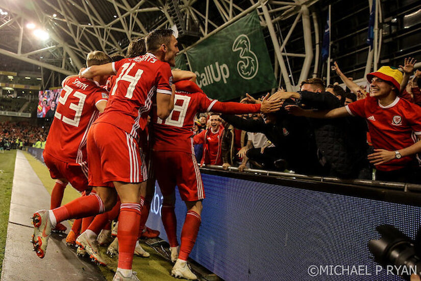 Wales celebrating scoring in the UEFA Nations League in the Aviva