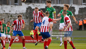 Cian Coleman of Cork City heads to score his sides first goal.