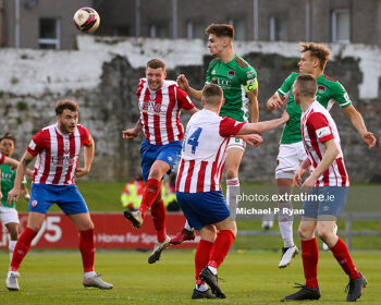 Cian Coleman of Cork City heads to score his sides first goal.