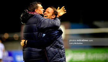Drogheda's management team celebrate at Head in The Game Park following their derby victory