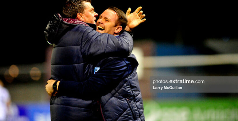 Drogheda's management team celebrate at Head in The Game Park following their derby victory