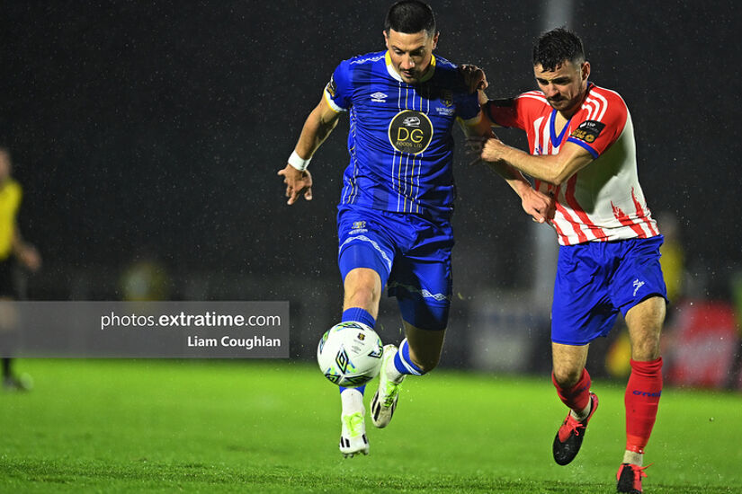 Enda Curran (right) in action for Treaty United against Waterford's Ronan Coughlan in 2023