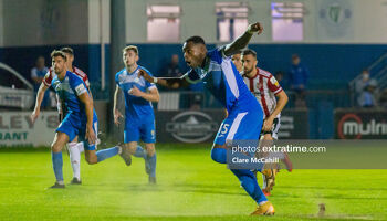 Tunde Owolabi scores the winner for Harps from the pens spot