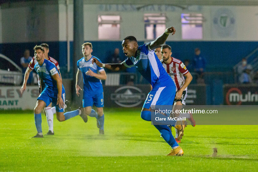 Tunde Owolabi scores the winner for Harps from the pens spot