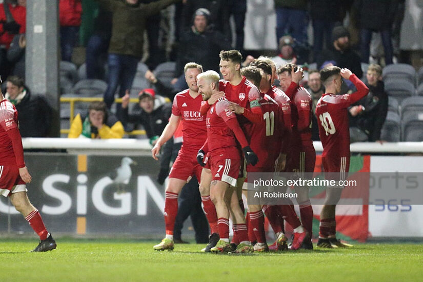 Dylan McGlade of Cork City celebrates his hat-trick with team mates