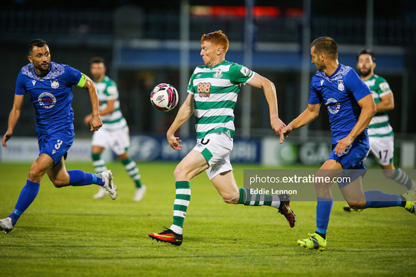 Rory Gaffney taking on the Teuta defence in Tallaght last Thursday
