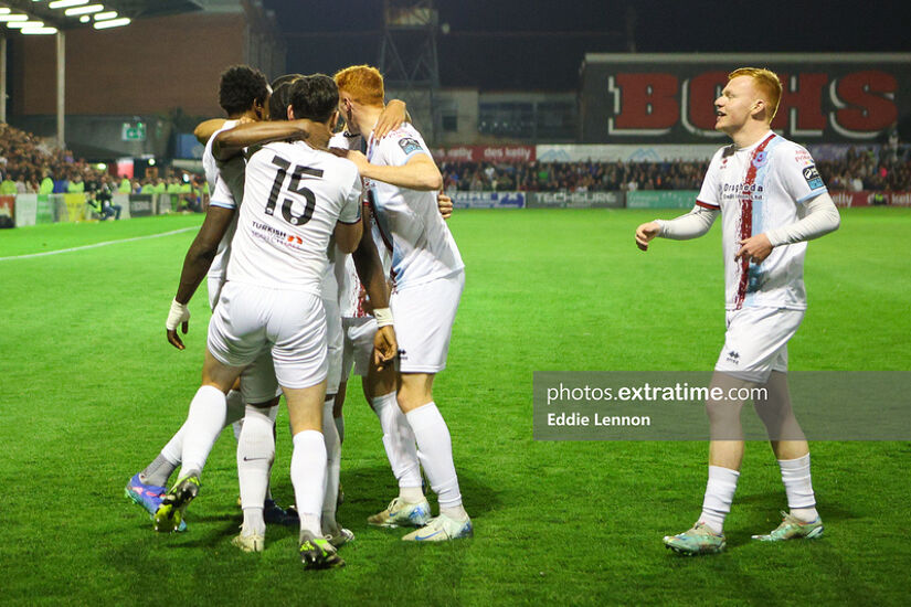 Drogheda United players celebrate scoring against Bohemians at Dalymount Park