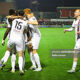 Drogheda United players celebrate scoring against Bohemians at Dalymount Park