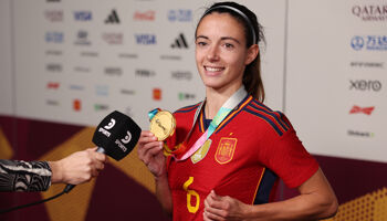 Aitana Bonmati of Spain is interviewed in the mixed zone after the FIFA Women's World Cup