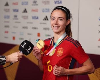 Aitana Bonmati of Spain is interviewed in the mixed zone after the FIFA Women's World Cup