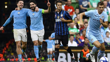 Ilkay Guendogan of Manchester City celebrates with Jack Grealish after scoring earlier in the Champions League campaign (left); Edin Dzecko on the ball for Man City against Inter in the 2011 Dublin Cup