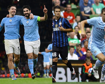 Ilkay Guendogan of Manchester City celebrates with Jack Grealish after scoring earlier in the Champions League campaign (left); Edin Dzecko on the ball for Man City against Inter in the 2011 Dublin Cup