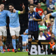 Ilkay Guendogan of Manchester City celebrates with Jack Grealish after scoring earlier in the Champions League campaign (left); Edin Dzecko on the ball for Man City against Inter in the 2011 Dublin Cup