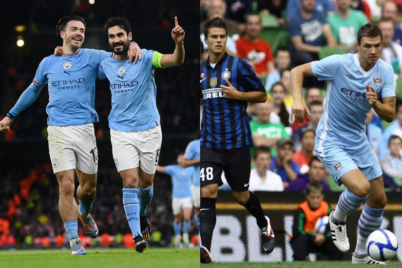 Ilkay Guendogan of Manchester City celebrates with Jack Grealish after scoring earlier in the Champions League campaign (left); Edin Dzecko on the ball for Man City against Inter in the 2011 Dublin Cup