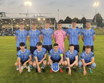 The UCD team starting XI against Stjarnan pose for a team photo before their Youth League first leg at the UCD Bowl