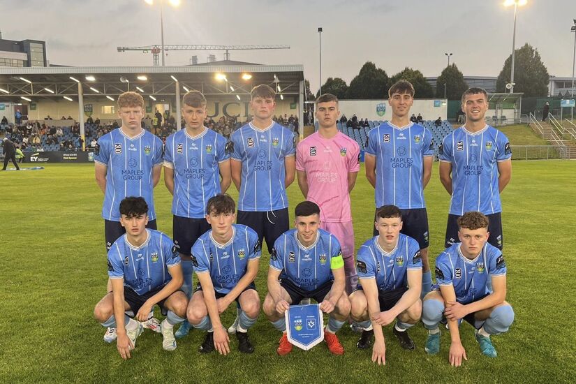 The UCD team starting XI against Stjarnan pose for a team photo before their Youth League first leg at the UCD Bowl