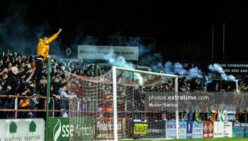 Shamrock Rovers supporters celebrate their side's late winner in Tolka Park against Shelbourne