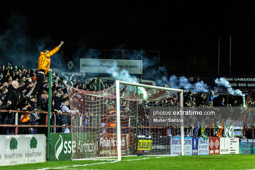 Shamrock Rovers supporters celebrate their side's late winner in Tolka Park against Shelbourne