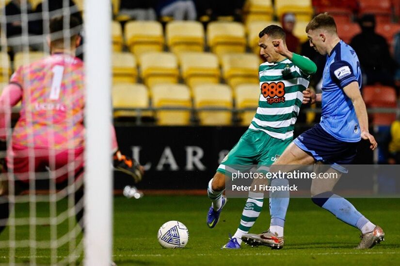 Graham Burke fires home Shamrock Roovers' third goal during their 3-0 win over UCD at Tallaght Stadium on Friday, 18 February 2022.