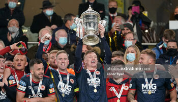 St Pats celebrate during the FAI Cup Final between St Patricks Athletic and Bohemians at the Aviva Stadium, Dublin, Republic of Ireland on 28 November 2021. Chris Forrester St Patrick's Athletic holds the Cup a-loft