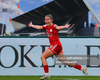 Jessie Stapleton celebrates scoring Shels' opening goal in the cup final