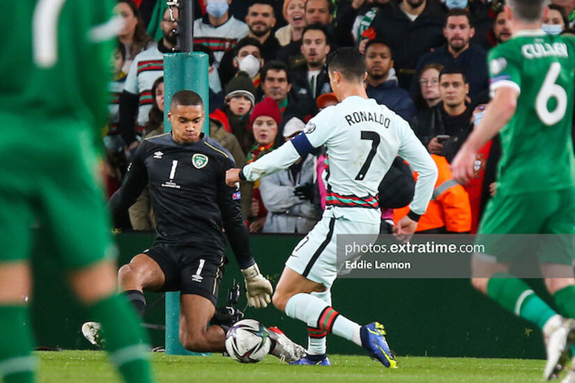 Gavin Bazunu blocks a late Cristiano Ronaldo effort in last month's international at the Aviva
