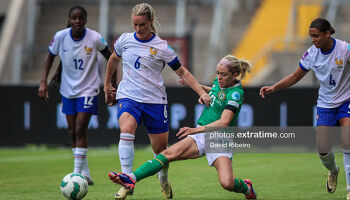 Ireland's Denise O'Sullivan tackles French captain Amandine Henry during the Girls in Green's 3-1 victory over the French at Páirc Uí Chaoimh in Cork