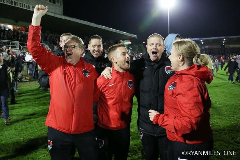Cork City coaches celebrate sealing the 2017 Premier Division title following a win over Derry City.