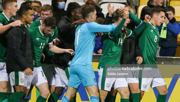 Ollie O'Neill celebrates his goal for Ireland U21 against Sweden