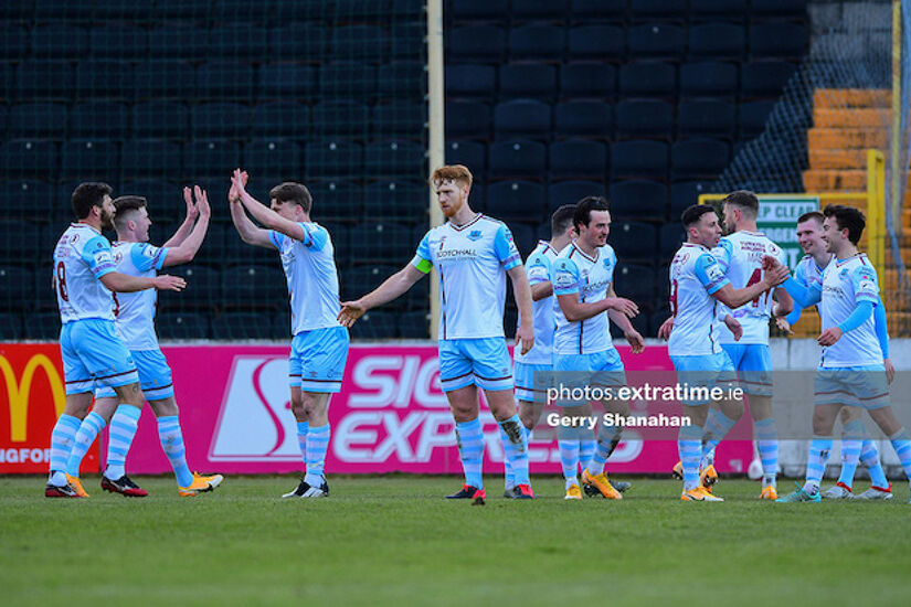 Drogheda celebrate one of their four goals from Saturday evening