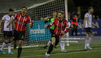 Jamie McGonigle scores Derry City's equaliser at Oriel Park to secure a 2-2 draw with Dundalk on Friday, 18 February 2022.