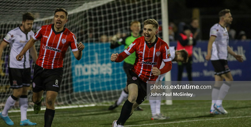 Jamie McGonigle scores Derry City's equaliser at Oriel Park to secure a 2-2 draw with Dundalk on Friday, 18 February 2022.