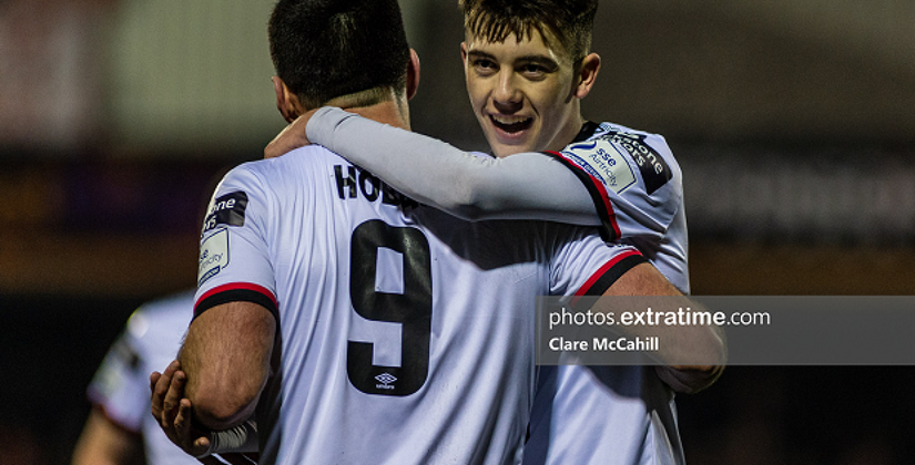 Steven Bradley celebrates scoring his second goal during Dundalk's 3-0 win over Finn Harps at Oriel Park on Monday, 28 February 2022.